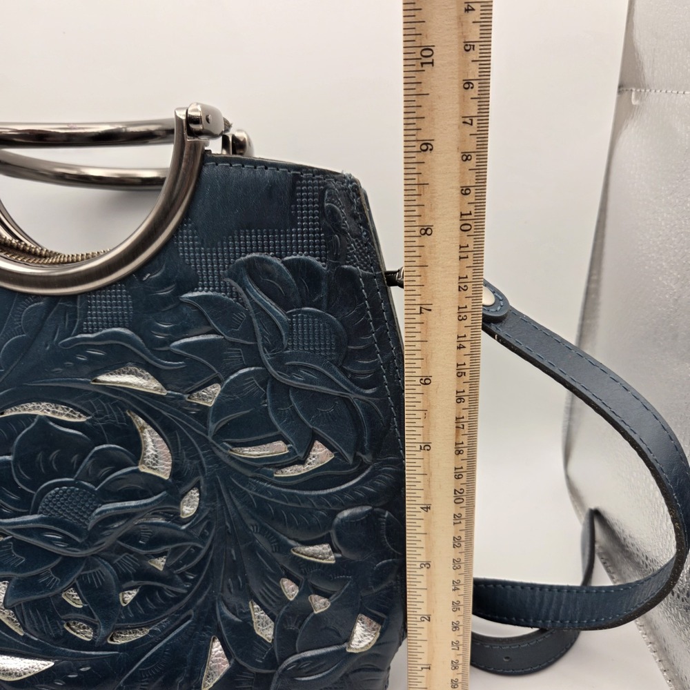 Patricia Nash Aria Caribbean Blue Satchel Bag With Silver Metallic Cutout Floral - Picture 15 of 16